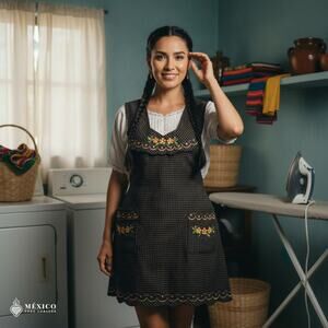 Brown Mexican Embroidered Apron – Essential Cotton Kitchen Apron Floral Design